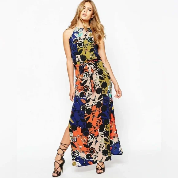 river island halter neck dress River Island floral halterneck maxi dress with embellished detail in yellow
